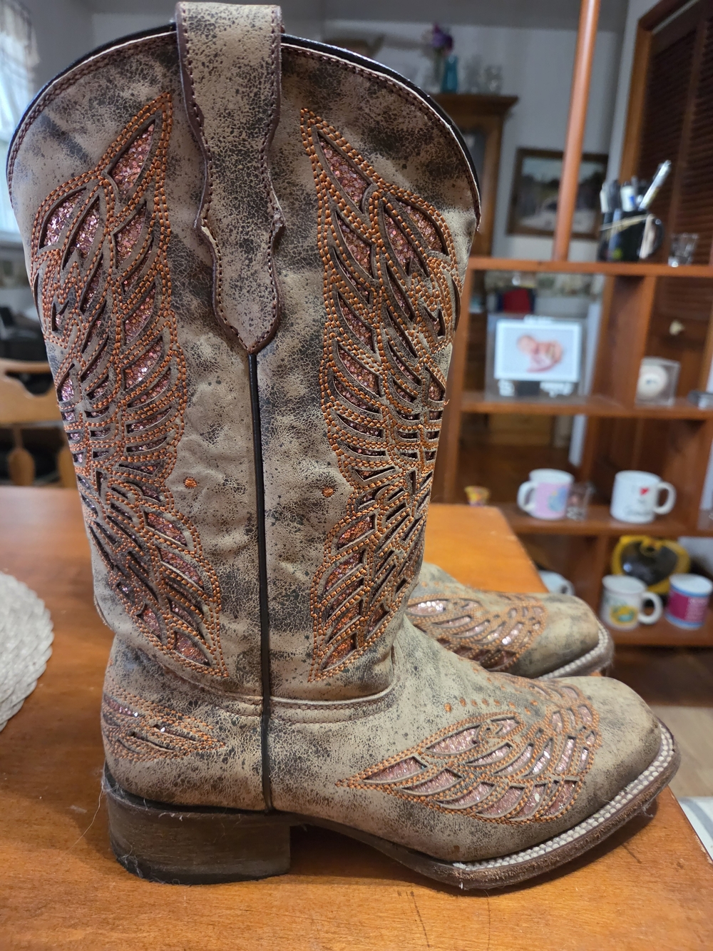 Corral Embellished Wing-Design Western Cowboy Boots - Tan with Copper Accents